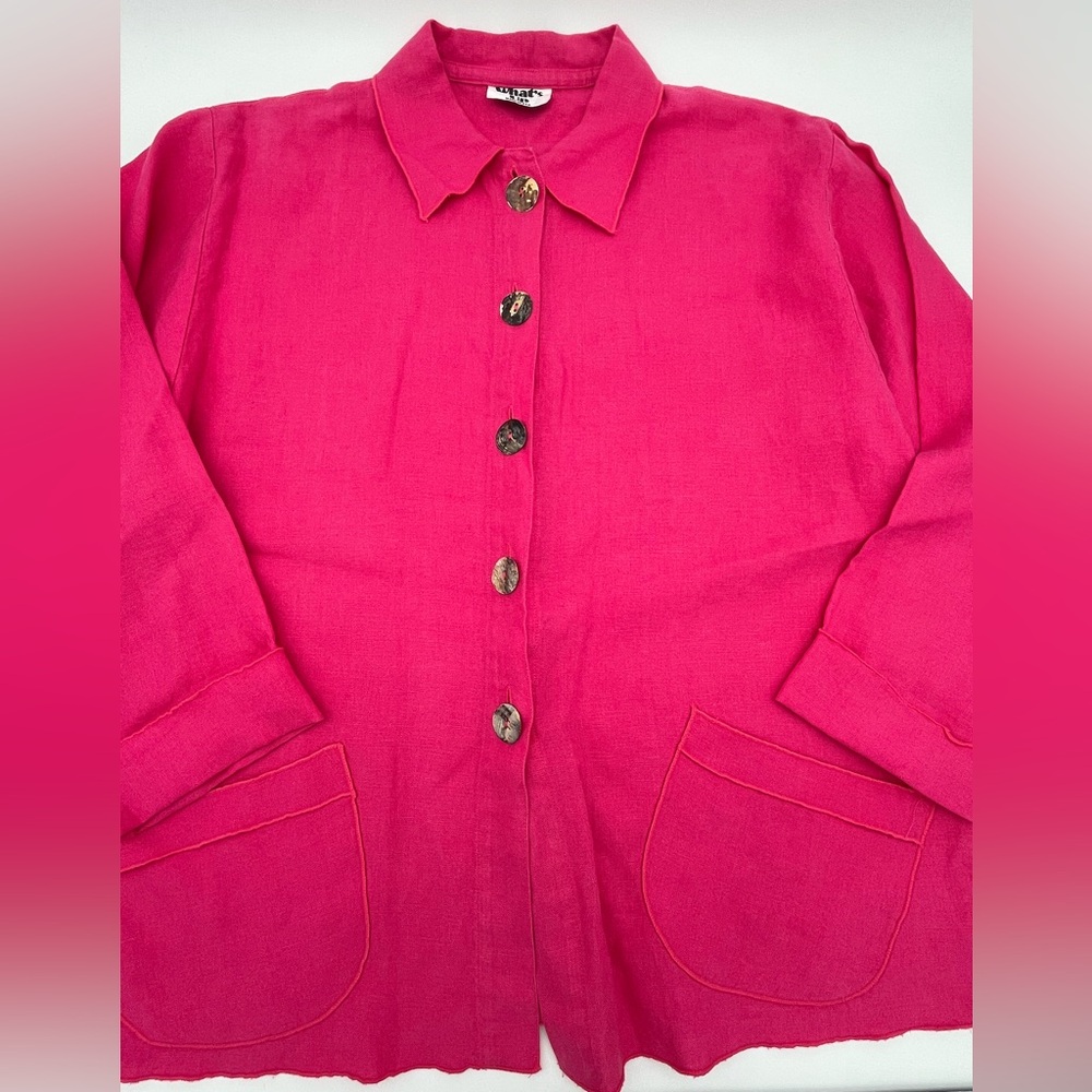 VTG art teacher Pink Button-Up Linen Jacket pockets artsy buttons M/L Lagenlook